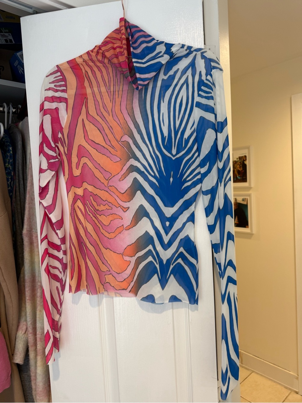 AFRM Colorblock Zebra-Print Mesh Long Sleeve Top - Blue & Pink